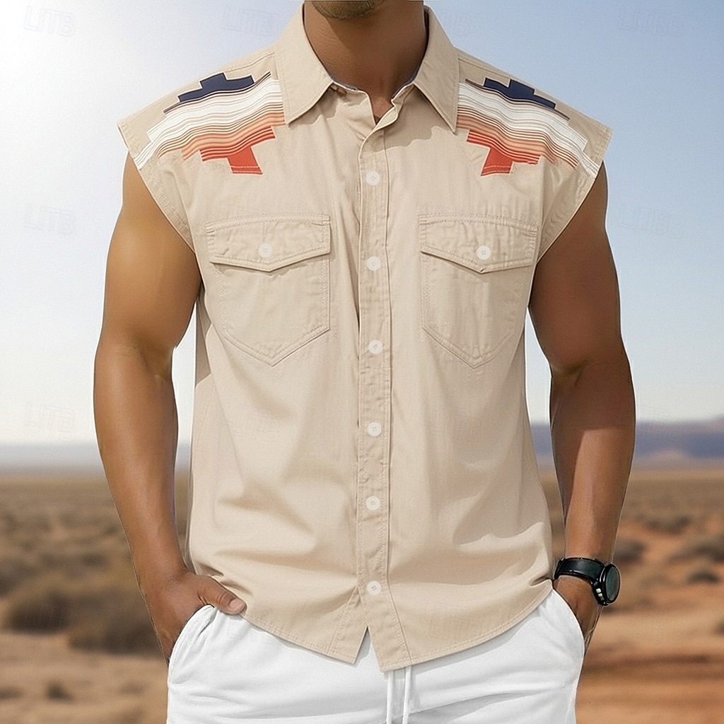 Men's Geometric Pattern Vintage Ethnic Western Shirt Cowboy Shirt Sleeveless Shirt Sleeveless Western Style Outdoor Work Causal Summer Spring Turndown 3D Print Button Up Shirts Blue Khaki Gray 2026 - $25.99 –P1