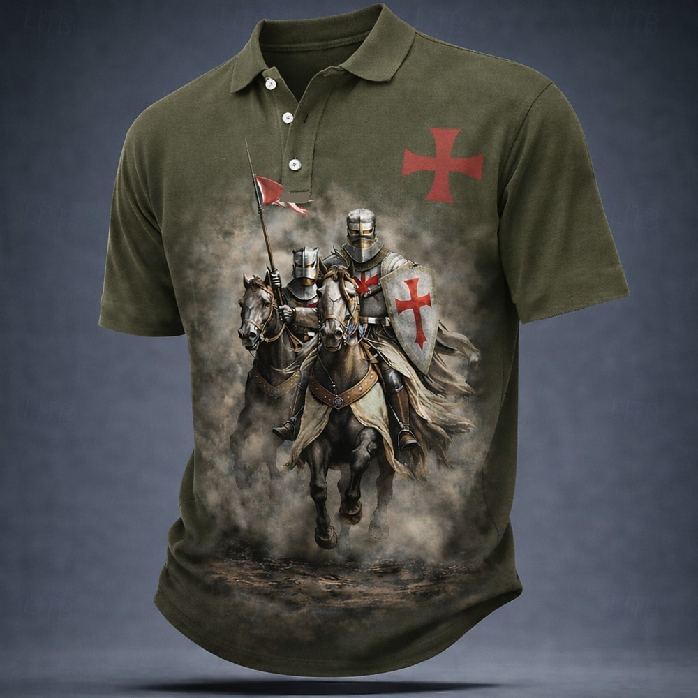 Męskie Templariusze Koszulki polo Krótki rękaw Koszulki polo Klapa Zabytkowe Codzienny Ulica Athleisure Dzienne zużycie Druk 3D Guziki Oddychająca siateczka Lato Wiosna Czarny Brązowy Zielony 2026 - $21.99 –P3