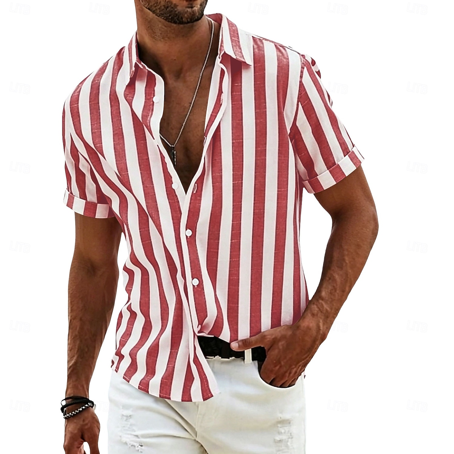 Per uomo Camicia Camicia di lino Camicia Estiva Camicia da Spiaggia Camicia con Bottoni Camicie a righe Strisce verticali Abbigliamento casual alla moda Vacanza Blu Giallo Rosa Rosso Manica Corta del 2026 a $27.99 –P13