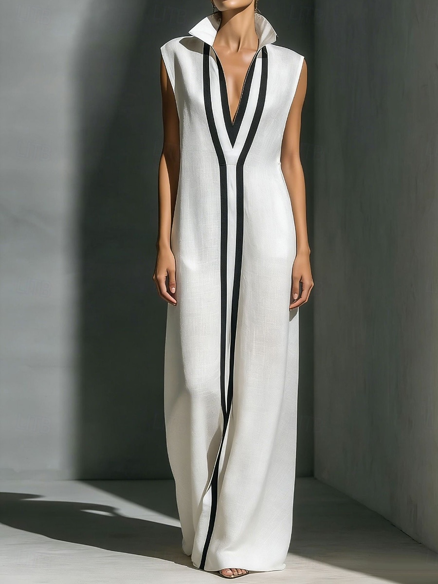 Жен. Длинное платье Длинное платье Элегантный стиль Современное на открытом воздухе Отпуск На выход Свободное облегание Контрастных цветов Без рукавов Рубашечный воротник Черный Белый Винный Серый 2026 - $41.99 –P2