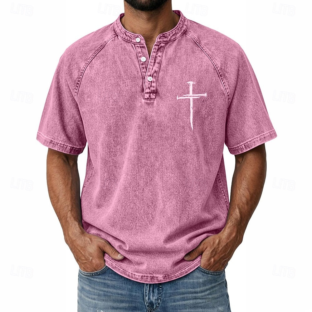 Herren Kreuz Jeans hemden Hemd aus 100 % Baumwolle in Säurewaschung Henley Oberteil Kurzarm Vintage Lässig Betrübt Lässig Heim Straße Frühling & Sommer Herbst Winter Sommer Schwarz Rosa Leicht Grün 2026 - $31.99 –P11