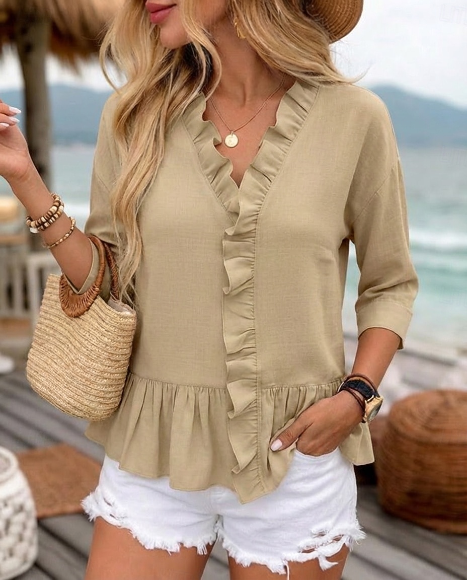 Koszula damska 100% bawełniana bluzka koszula z falbanami patchwork jednolity kolor casualowa stylowa klasyczna nowoczesna długi rękaw dekolt w serek regularne bluzki na co dzień wakacje na wyjście 2026 - $22.99 –P6
