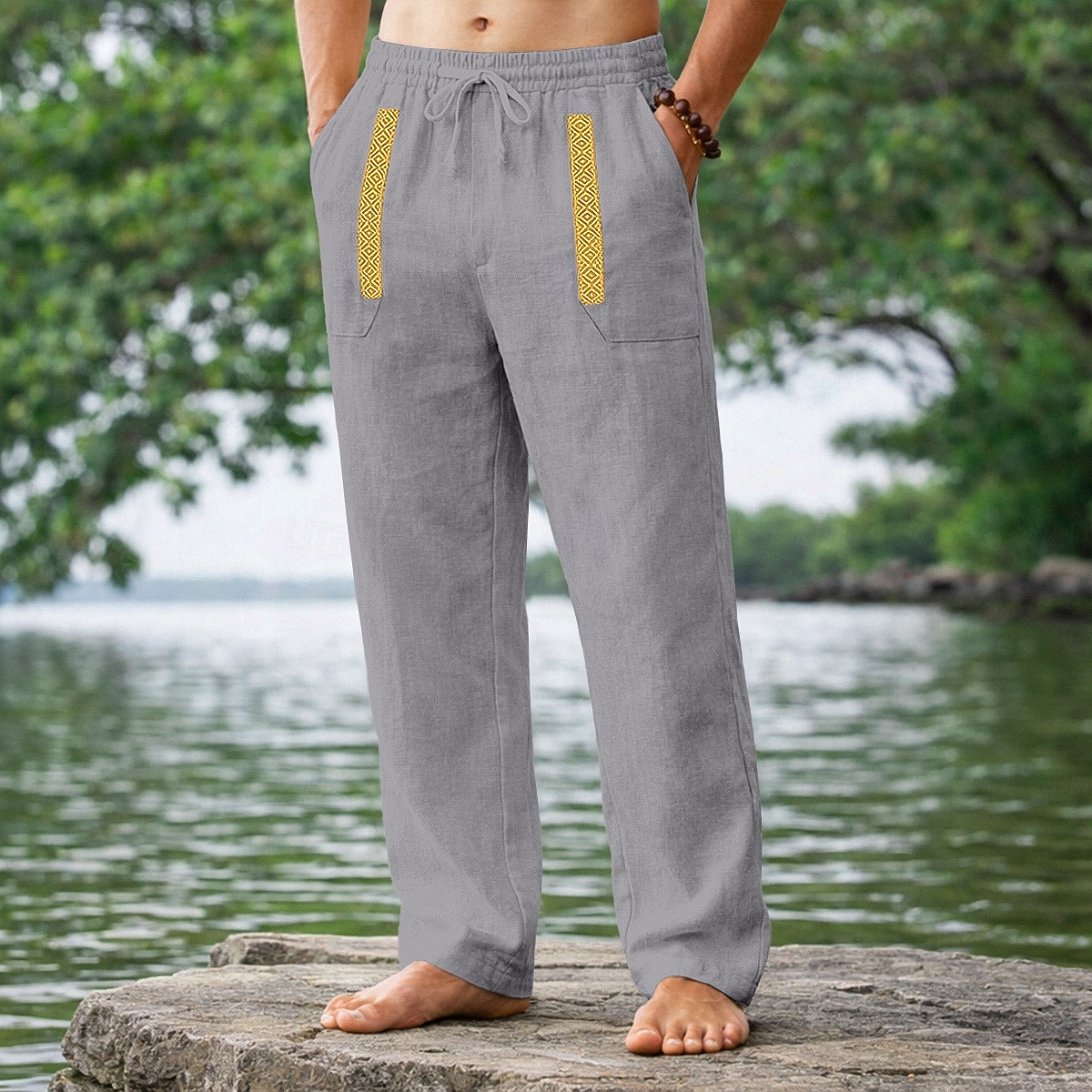 Homens Calças de linho Calça verão Calças de praia Com Cordão Patchwork Perna reta Tecido Conforto Respirável Comprimento total Casual Diário Feriado Férias Moda Preto Branco Sem Elasticidade de 2026 por $24.99 –P6