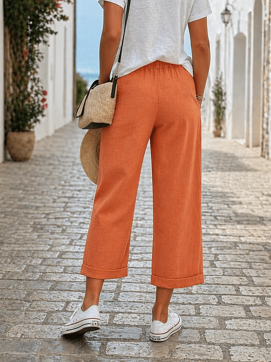 Dames Katoenen linnen broek Breed Been Chinese Zomerbroek Vakantie Basic Enkellengte Medium Taille Natuurlijk Effen Comfortabel Inelastisch Dagelijks Oranje Zomer Lente Ruim Passend 2026 - $25.99 –P2