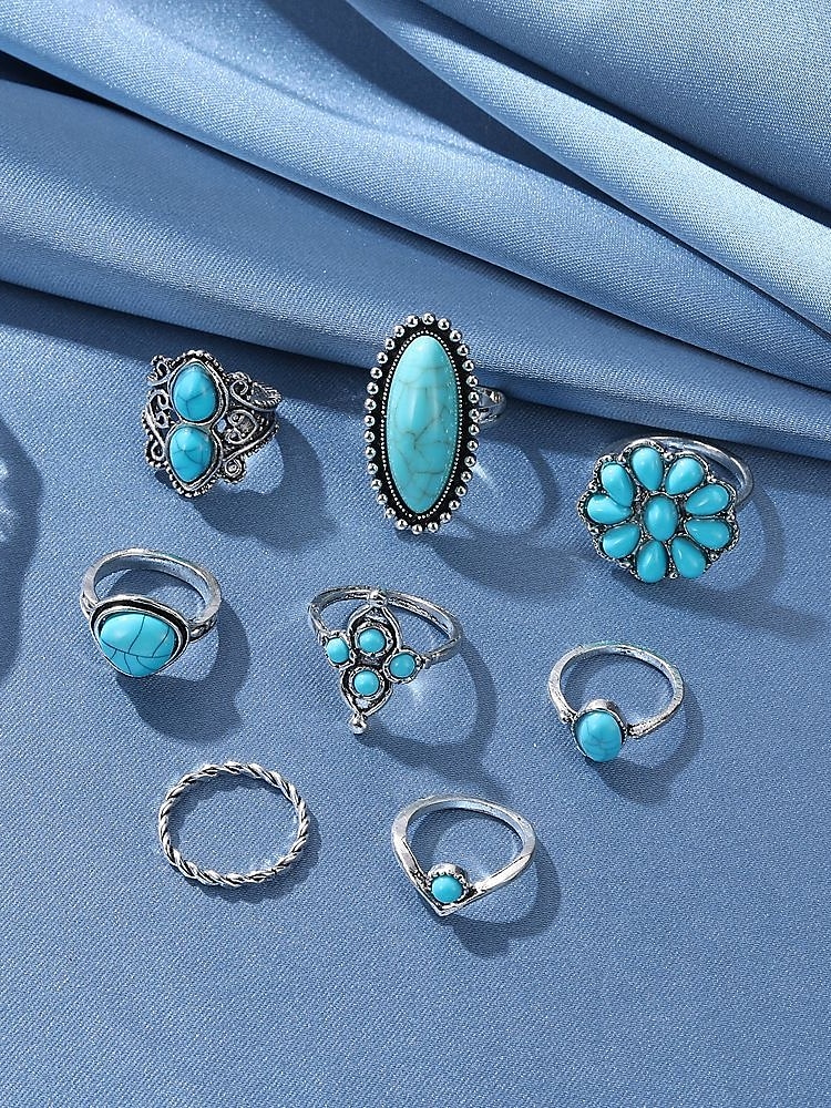 Női bohém ötvözetből és türkizből készült gyűrűszett, 8 darabos, egymásra rakható vintage ujjpercgyűrűk tengerparti nyaraláshoz, hétköznapi nyári öltözékekhez és mindennapi bohém viselethez 2026 - $11.99 –P2