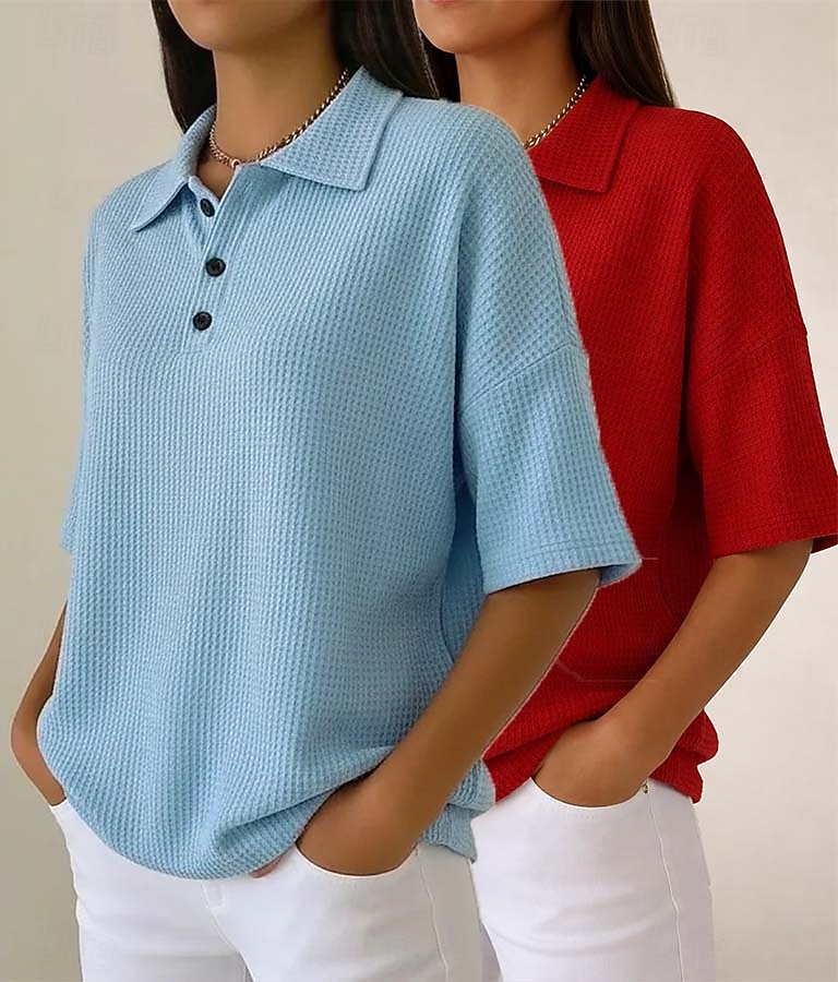 Damskie Koszula waflowa Jednokolorowe Elegancja Aktywny Urlop Bez rękawów Rękaw 1/2 W serek Kołnierz polo Długie topy Codzienny Na zewnątrz Streetwear Niebieski / Czarny Biały + czarny Czerwony 2026 - $45.99 –P7