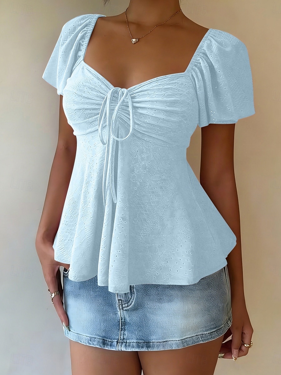 Femmes Chemisier Cordon de serrage Œillet Couleur Unie Élégant Sexy Occasionnel Manche Courte Col carré Hauts Réguliers Quotidien Noir Blanche Jaune Rose Claire Bleu Ciel Été Printemps de 2026 ? $19.99 –P6