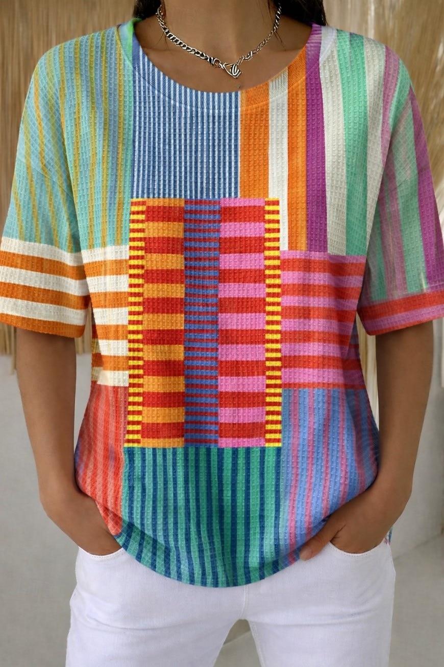 Mujer Camiseta con diseño de gofre Tops tejidos con textura Tops de verano Bloque de Color Graphic Geométrico Elegante Clásico Manga Corta Cuello Barco Escote Redondo Tops regulares Casual Diario 2026 - $21.99 –P1