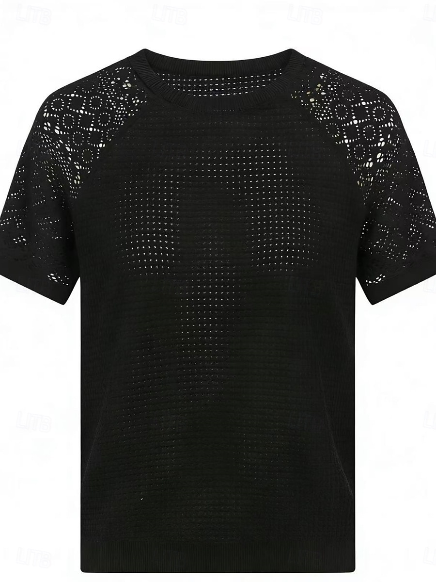 Per donna Maglietta Maglietta in pizzo Pizzo Patchwork Semplice Moda Elegante Classico Manica Corta Girocollo Top Regolari Quotidiano Uscire Weekend Nero Bianco Grigio Estate Primavera del 2026 a $19.99 –P6