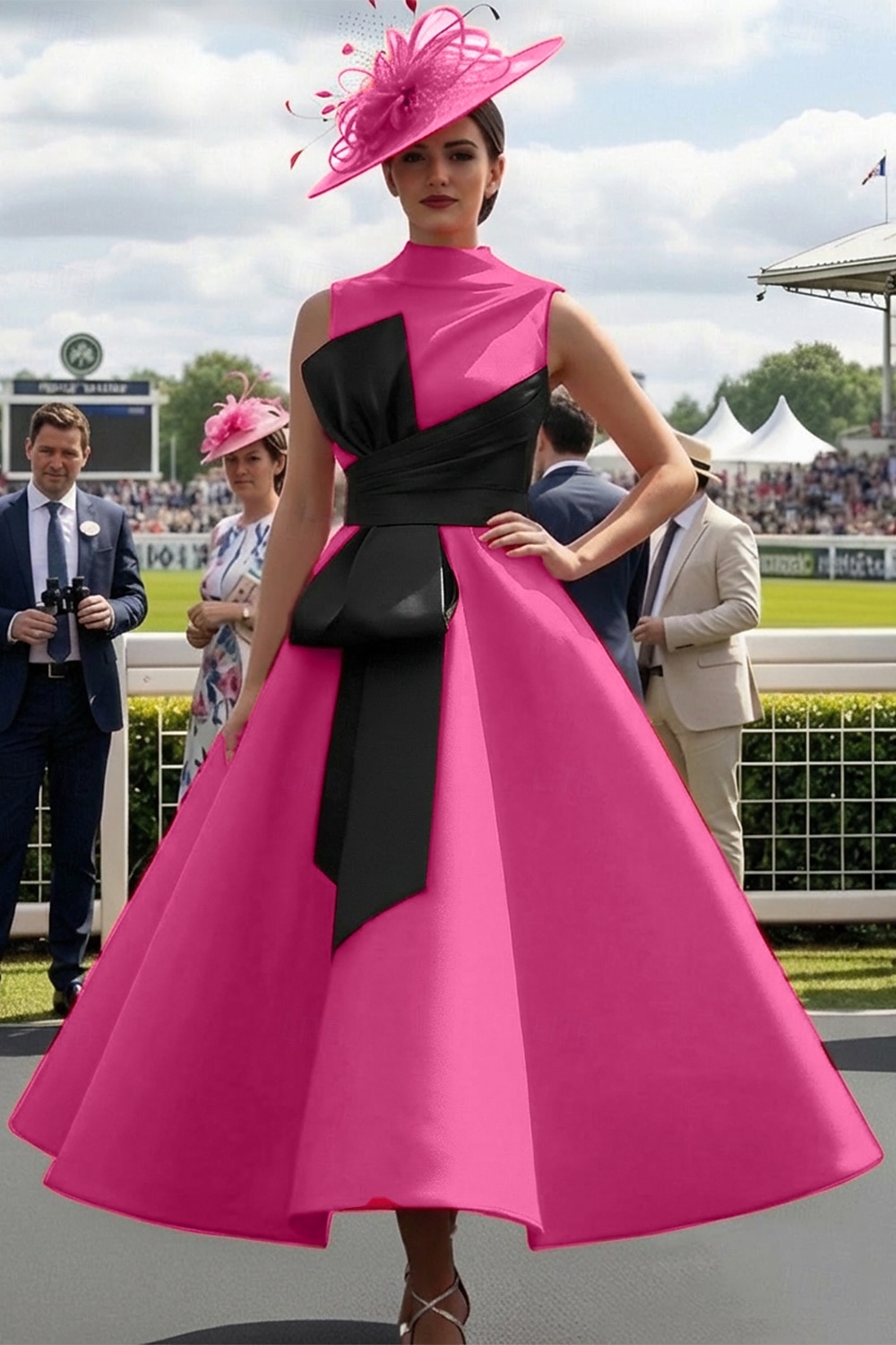 Haine Bal Lungime Gleznă Rochii de bal Rochii de seara Rochie De Bal Rochie formală Elegant 1950 Bloc de Culoare Fără manșon Gât Înalt Bal Invitat la nunta Satin cu Arc 2026 - $164.99 –P8