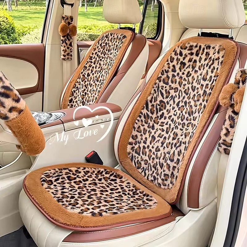 Leopard Print Car Seat Covers Set, Cute Plush Faux Fur Car Interior Decor for Women Girls, Flower Lumbar Support Pillow, Steering Wheel Cover, Seat Belt Covers, Aesthetic Cheetah Decor 2026 - $19.99 –P1