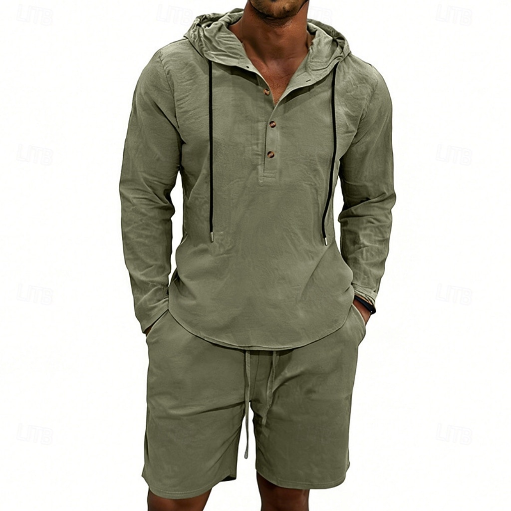 Herre Linskjorte 2 deler Popover skjorte Og Shorts Lin Shorts Strandshorts Sett عادي Daglig utendørs Feriereise Med hette Langermet Sommer Mote Fritid Bekvem Klær 2026 - $36.99 –P13
