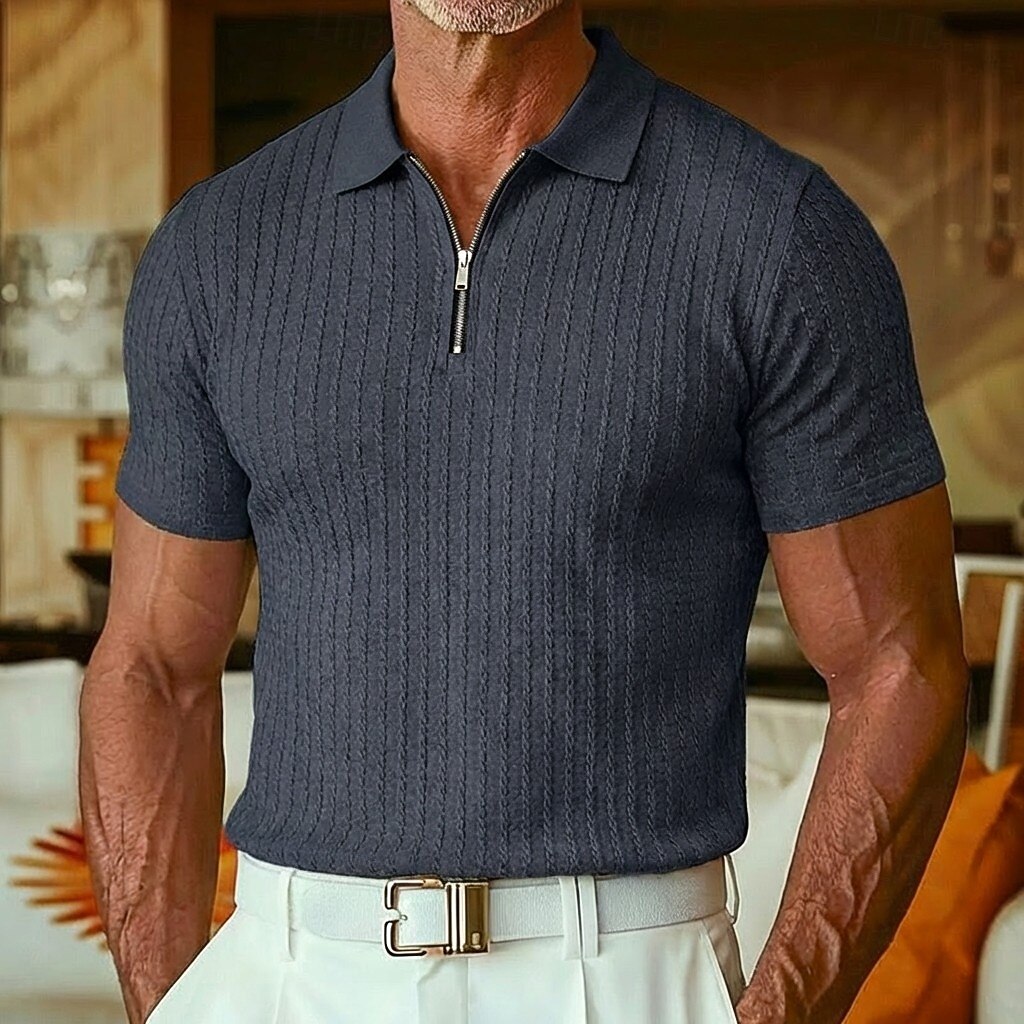 Herr Strukturerad Quarter Zip Polo Ledigt Utomhus Fjärdedels blixtlås Kortärmad Mode Modern Ensfärgat Jacquard Stickat Sommar Vår Vår & Höst Smal passform Svart Vit Vinröd Marinblå Khaki grön Armégrön 2026 - $22.99 –P6