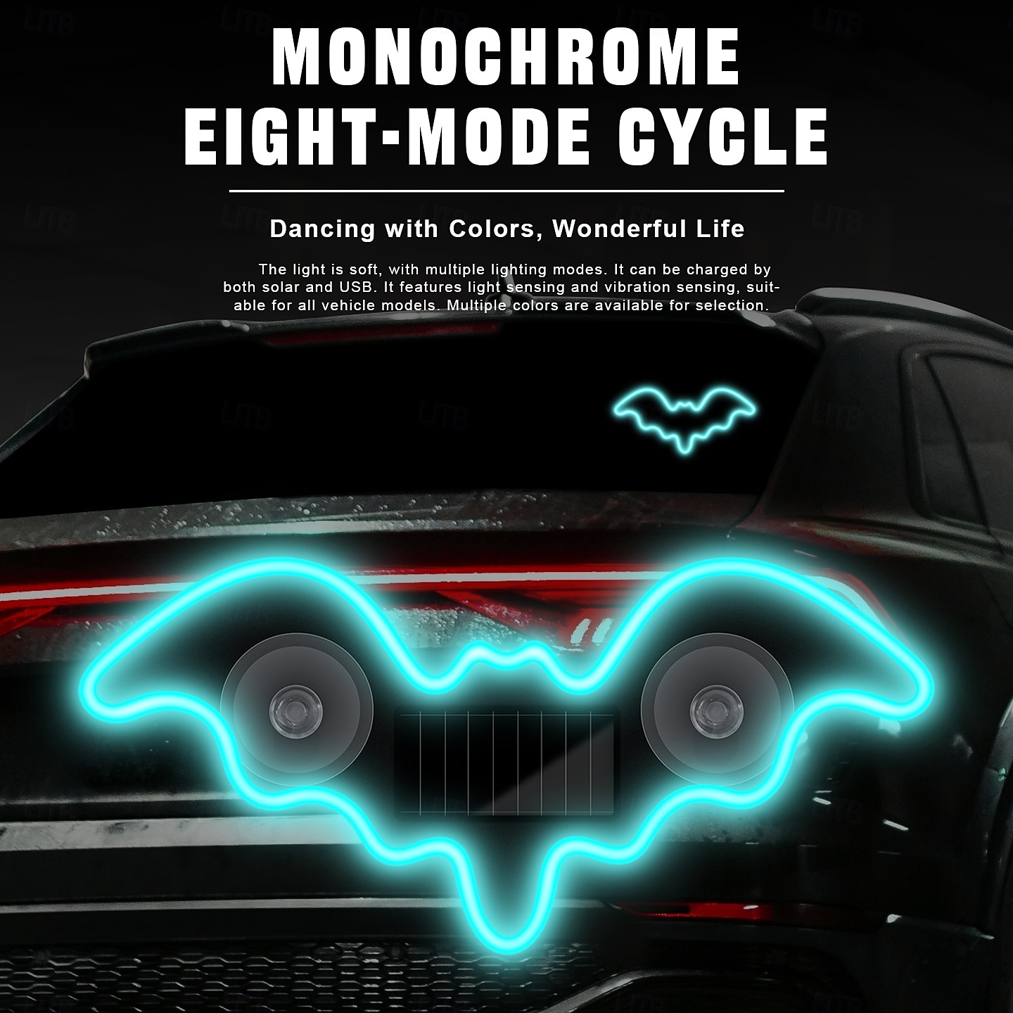 Car Solar Vacuum Suction Cup Neon Bat-Shaped Decorative Running Lights, Wire-Free, Type-C Rechargeable, 8 Modes, Ambient LED Car Interior & Exterior, Party, Halloween, Vehicle Decoration 2026 - $7.49 –P7