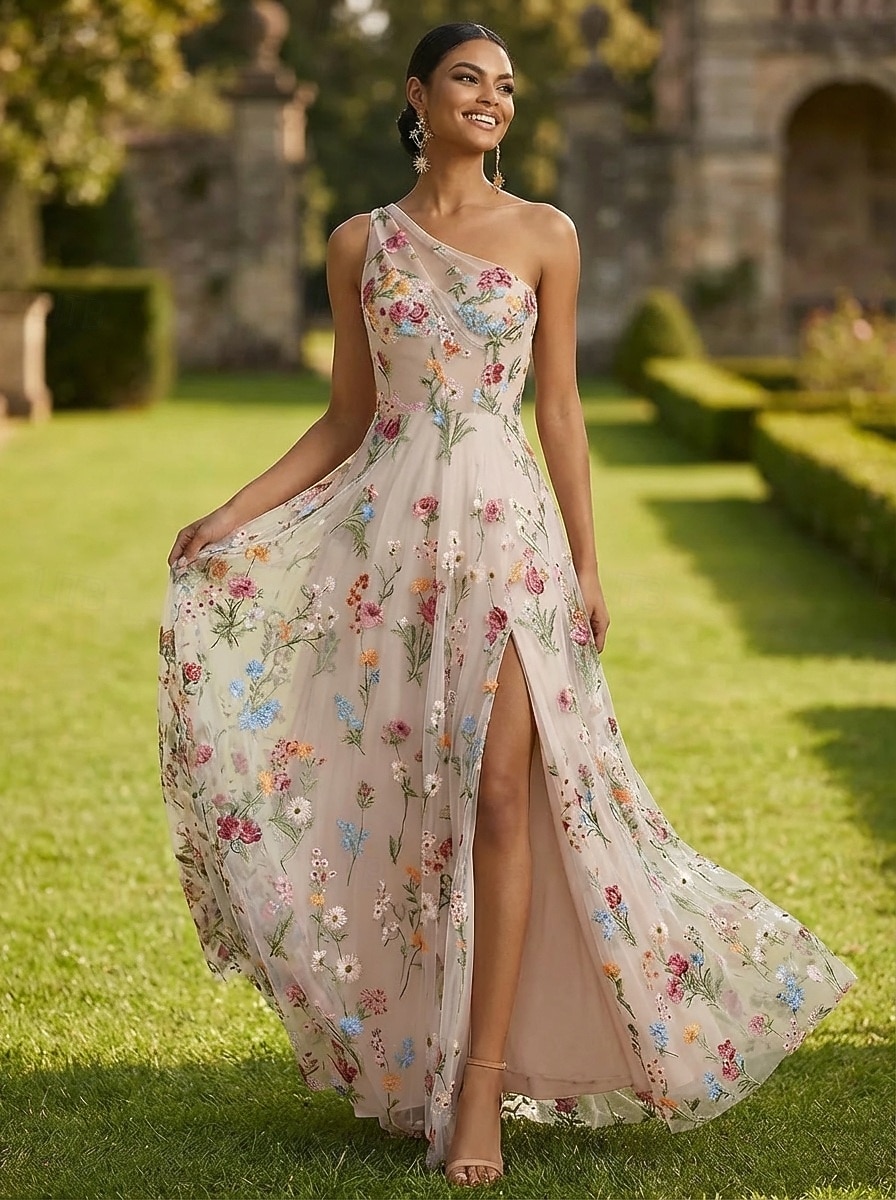 A-Line Floor Length Evening Gown Formal Dress Elegant Floral Sleeveless One Shoulder Garden Party Wedding Satin Tulle with Embroidered Flower Pleats Slit 2026 - $171.99 –P1