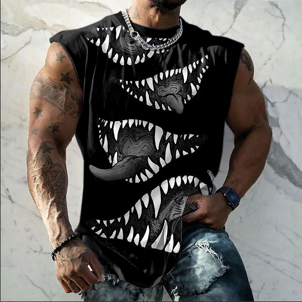 herrtopp med taggiga monsterkäkar, flera vassa tänder, gotisk punk, skräck, ärmlös, heltryck, gym, sommar, musik, festival, designerkläder, s m l xl xxl xxxl 2026 - $17.99 –P1