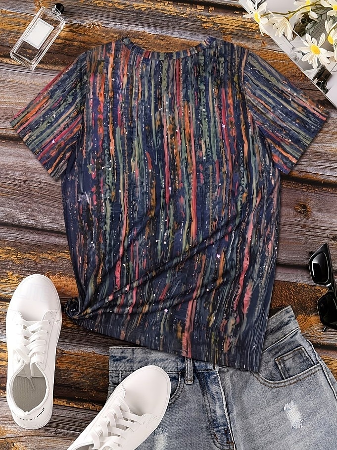 Dames T-shirt Afdrukken Grafisch Geometrisch Gestreept Vintage Stijlvol Klassiek Korte mouw Strakke ronde hals Croptops Casual Dagelijks blauw Paarsblauw Blozend Roze Oranje Zomer Lente 2026 - $21.99 –P5