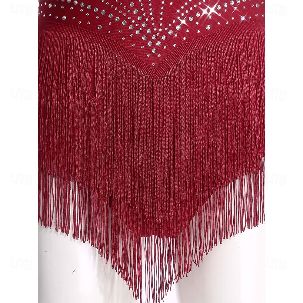 Women's Burgundy Latin Dance Dress - Rhinestone Mesh Long Sleeve Rhythmic Tassel Costume for Ballroom & Competition 2026 - $305.39 –P6
