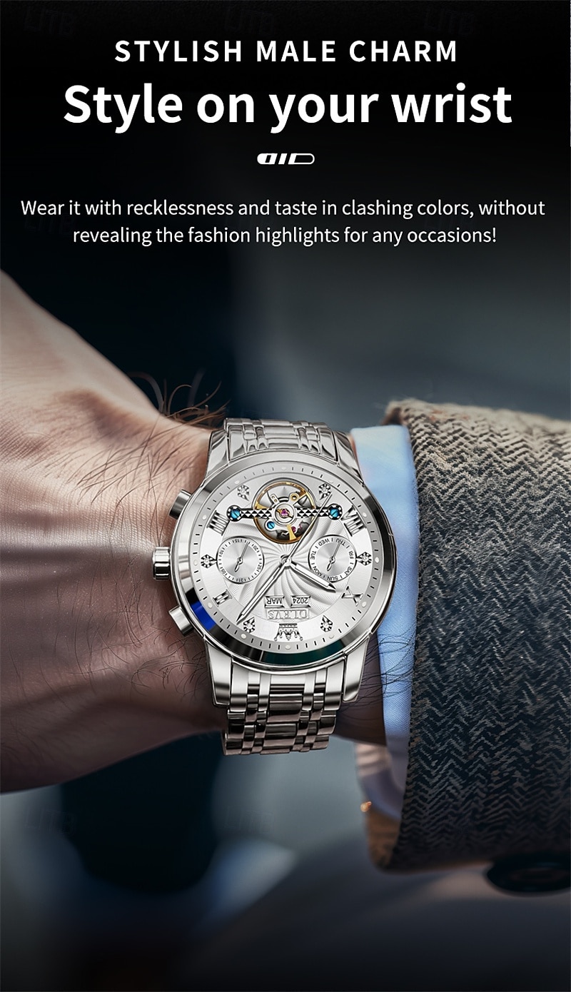 Orologio automatico da uomo Olevs Skeleton, lussuoso orologio da polso da lavoro bicolore in acciaio inossidabile con calendario multifunzione, orologio meccanico analogico luminescente impermeabile, del 2026 a $109.99 –P14