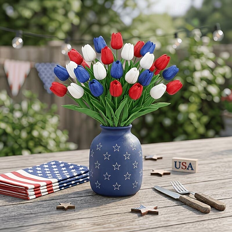 Conjunto de 20 tulipas artificiais vermelhas, brancas e azuis com toque realista, flores patrióticas de imitação adequadas para decorações do Dia da Independência (4 de julho), decoração de casa e de 2026 por $22.99 –P6