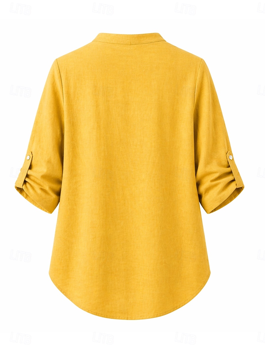 2026年 女性用 コットンリネンシャツ 夏のトップス ブラウス ドレッシーなトップス フリル パッチワーク ポケット 純色 平織り エレガント ヴィンテージ レディース 七分袖 Ｖネック シャツカラー ロングトップス カジュアル 日常 ワーク ブルー イエロー パープル グリーン カーキ色 夏 春  コレクション – $27.99 –P3
