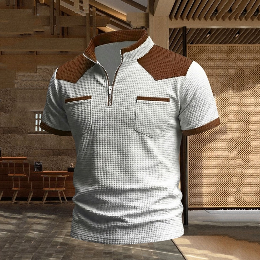 Men's Waffle Polo Shirts Polo Shirts Daily Outdoor Quarter Zip Short Sleeve Fashion Basic Color Block Zipper Lightweight Summer Spring Tailored Fit Black White Navy Blue khaki Gray Waffle Polo Shirts 2026 - $20.99 –P1