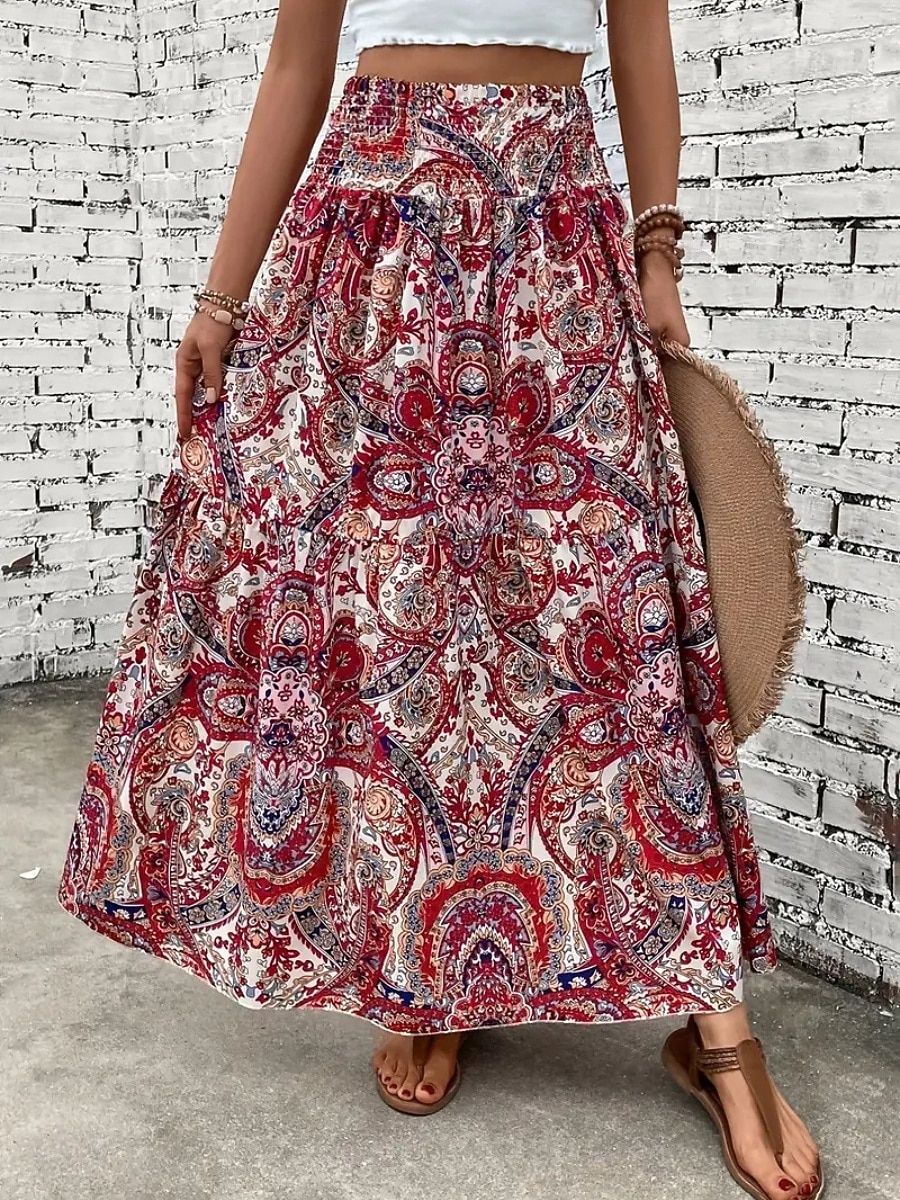 Mujer Falda de vacaciones Bohemia Vintage Casual Maxi Alta cintura Faldas Cachemir Estampado Elástico Diario Calle Negro Vino Rojo Naranja Verano 2026 - $26.99 –P3