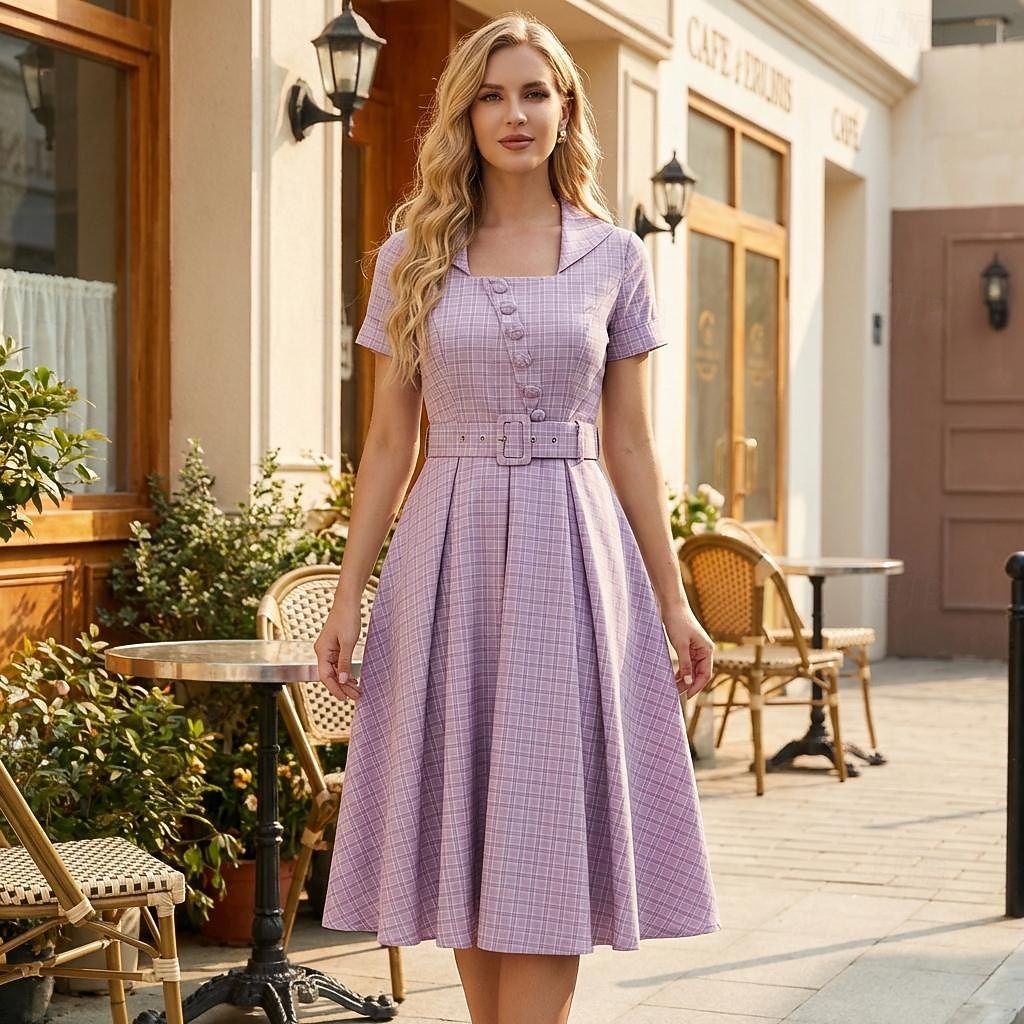 1950s Retro Vintage Midi Dress Short Sleeves With Belt Checkered / Gingham Square Neck Fancy Dress Women's Casual Dailywear Tea Party Adults' Dress Spring & Summer 2026 - $47.99 –P1