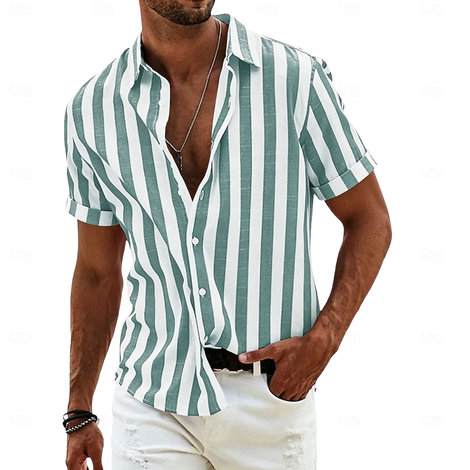 Per uomo Camicia Camicia di lino Camicia Estiva Camicia da Spiaggia Camicia con Bottoni Camicie a righe Strisce verticali Abbigliamento casual alla moda Vacanza Blu Giallo Rosa Rosso Manica Corta del 2026 a $27.99 –P15