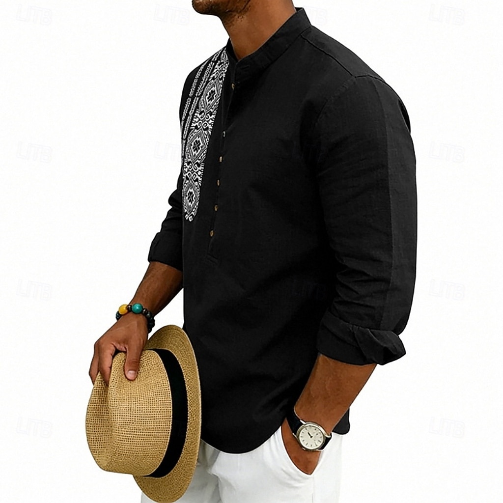 Men's Shirt Linen Shirt Popover Shirt Summer Shirt Beach Shirt Geometric Casual Vacation Black White Pink Navy Blue Long Sleeve Stand Collar Summer Spring Clothing Apparel Buttons 2026 - $25.99 –P18