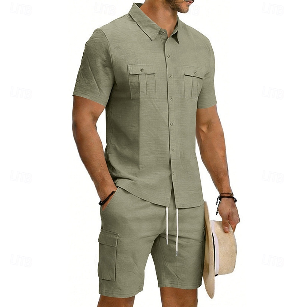 Homens Camisa de linho 2 Peças Conjunto de camisa E Bermuda Cargo Calção Shorts de linho Definir Tecido Diário Ao ar livre Férias Aberto para a Lateral Manga Curta Verão Moda Casual Confortável Roupa de 2026 por $32.99 –P8