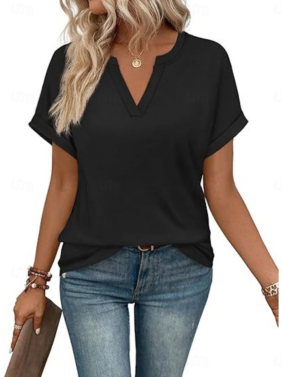 Femmes T-shirt Uni Mode Élégant Classique Manche Courte Col en V Hauts Réguliers Quotidien Sortir Week-end Bleu Noir Blanche Rose Claire Rouge Été Printemps de 2026 ? $19.99 –P7
