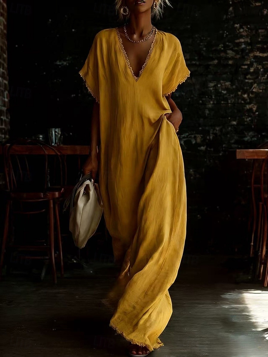Per donna Abito maxi Abiti effetto lino Abito a trapezio Casual Quotidiano Vestibilità comoda Semplice Manica Corta Scollo a V Blu Nero Bianco Giallo Estate Primavera del 2026 a $37.99 –P5