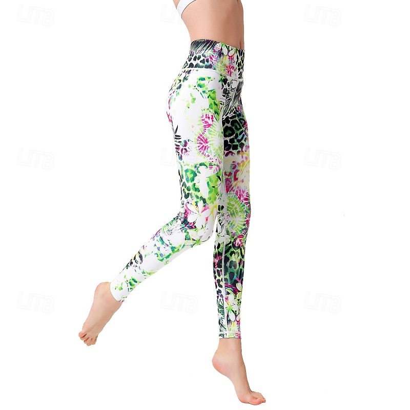 Dames Pilatesbroek Yogabroek Billenlift met ruche Hoge taille Sportschooltraining Hardlopen Fitness Legging Kleding Onderlichaam Flora Amethist Wit Blauw Sport Sportkleding Hoge Elasticiteit 2026 - $23.99 –P15