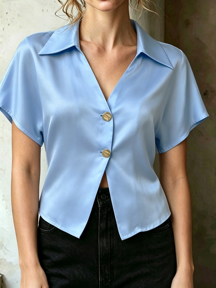 Pentru femei Cămașă din satin Bluză Nasturi Culoare solidă Stilat Casual Manșon scurt Guler Cămașă Crop Tops Casual Zilnic În aer liber Albastru piscină Negru Alb Caisă Vară Primăvară 2026 - $24.99 –P10