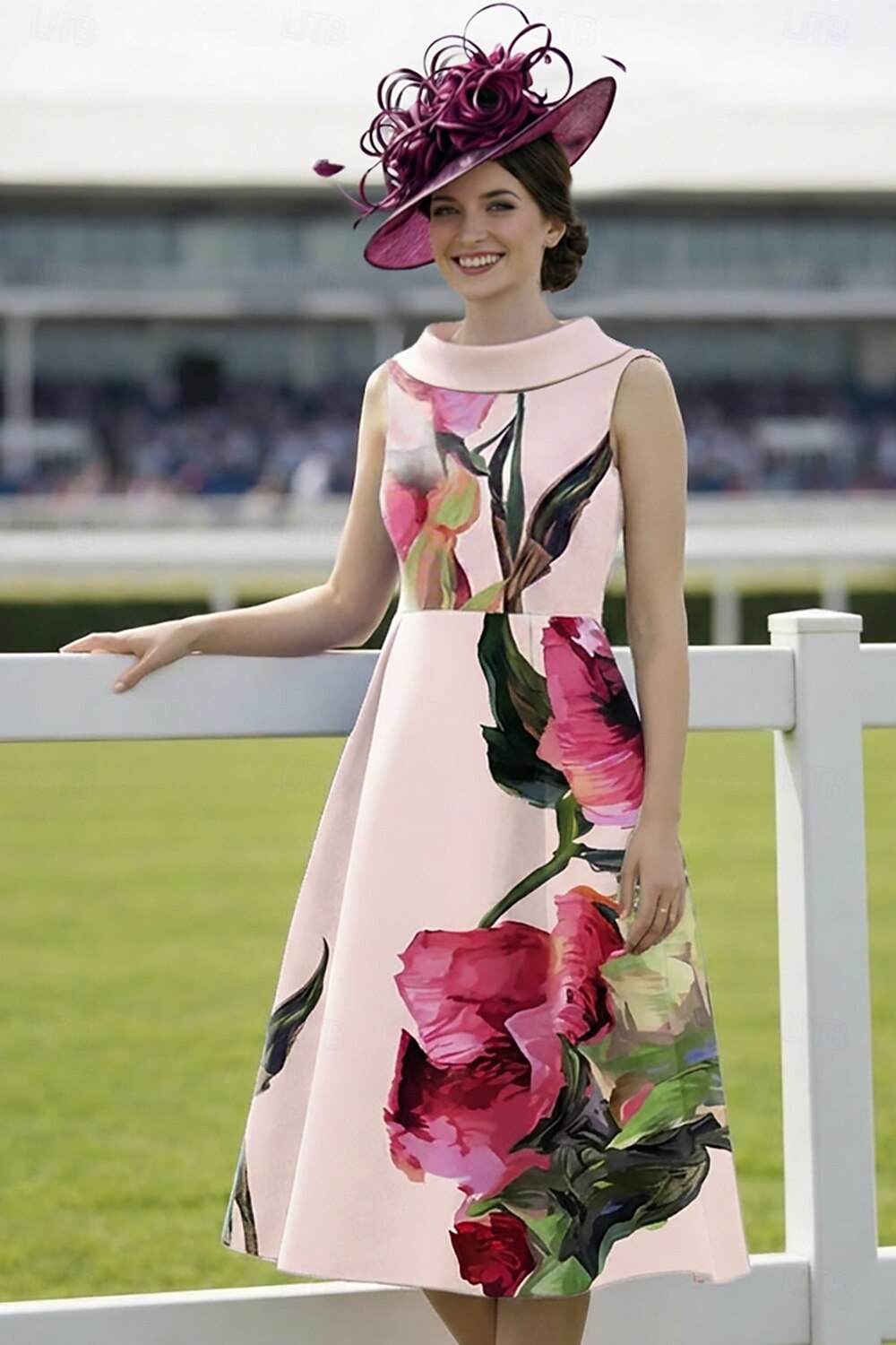 A-Line Tea Length Derby Dress Mother of the Bride Dress Sleeveless Bateau Neck Elegant Vintage Kentucky Derby Satin with Flower Print 2026 - $183.99 –P3
