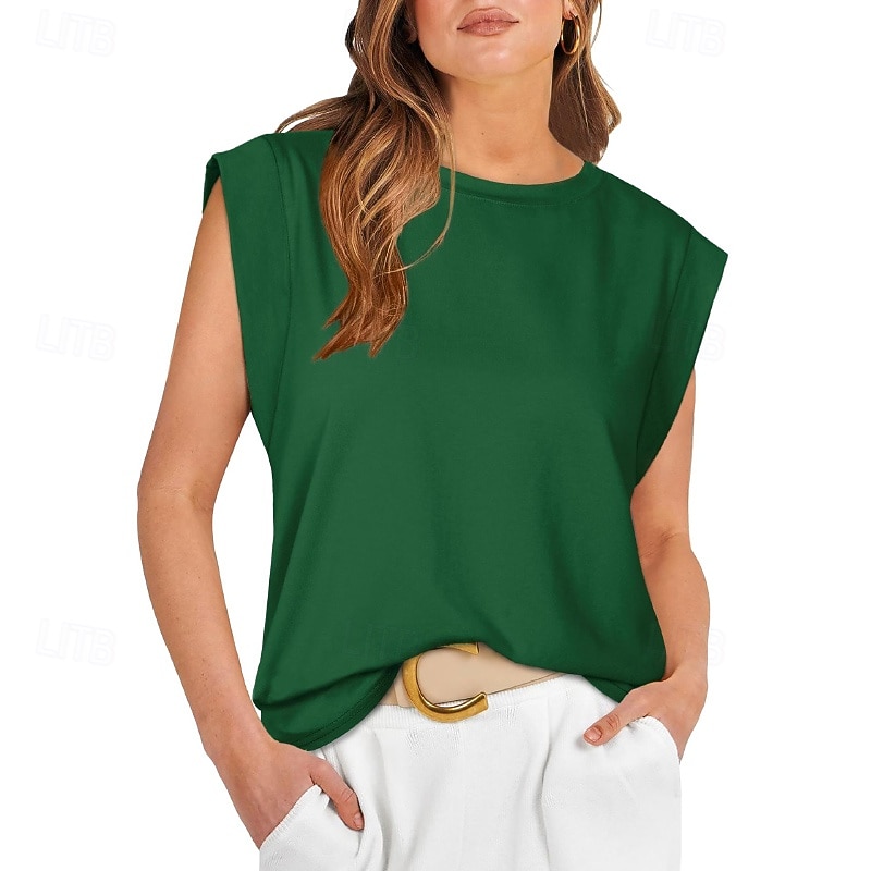Mulheres Camiseta Côr Sólida Clássico Casual Sem Manga Gola Redonda Tops regulares Diário Para Noite Final de semana Preto Branco Vinho Verde Escuro Damasco Verão Primavera de 2026 por $22.99 –P2