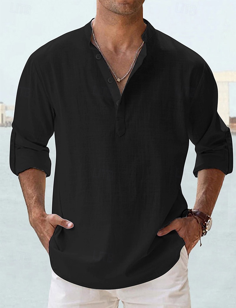 Per uomo Camicia Camicia di lino Camicia Estiva Camicia da Spiaggia Semplice Vacanza Camicia hawaiana Blu Nero Bianco Rosa Manica Lunga Collo alla coreana Primavera & Estate Abbigliamento Base del 2026 a $22.99 –P11