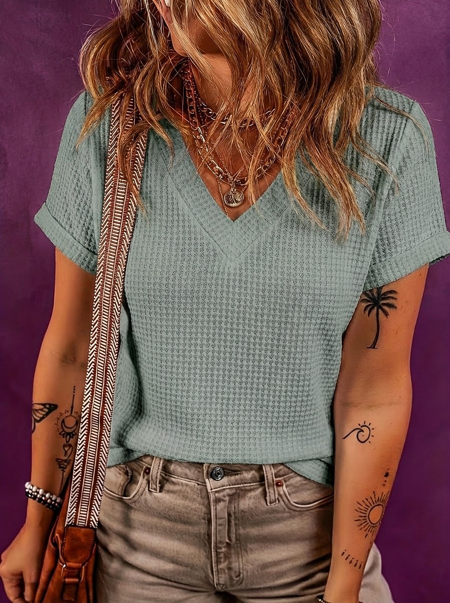Women's Waffle T-shirt Tee Top Solid Color Elegant Fashion Stylish Short Sleeve Batwing Sleeve V Neck Regular Tops Casual Going out Black White Pink Green Apricot Summer Spring 2026 - $21.99 –P6