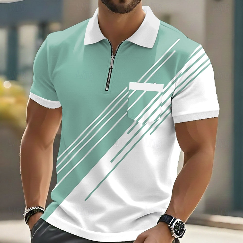Homens Geométrico Camisas Polo Manga Curta Camisas polo Lapela Casual Ao ar livre Feriado Roupa Diária Bolsos Impressão 3D Primavera Verão Azul Preto Roxo de 2026 por $22.99 –P2
