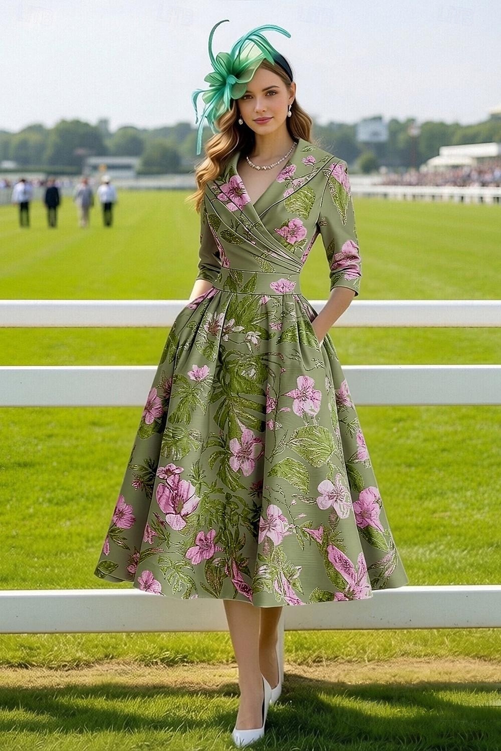 Linha A Longuette Vestido de festa Vestido Coquetel Vestido de convidada de casamento Vestidos de noite Elegante Vintage Manga 3/4 Colarinho de Camisa Casamento Formal Jacquard com Bolsos de 2026 por $175.99 –P1