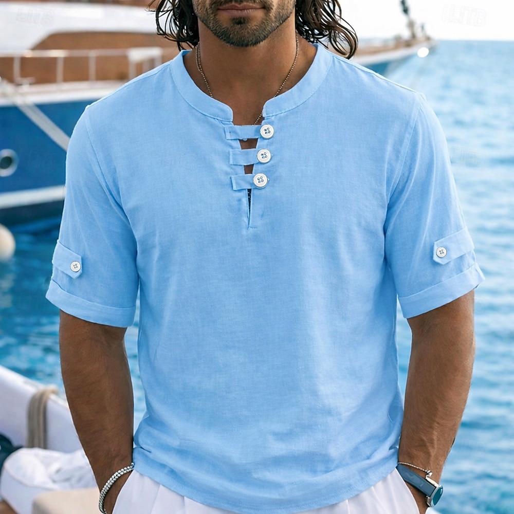 Per uomo Camicia di lino Polo Casuale Vacanza Senza colletto Manica Corta Vacanza Moderno Semplice Blocco di colore Bottoni Estate Primavera Blu Bianco Giallo Rosso Grigio Camicia di lino del 2026 a $10.49 –P2