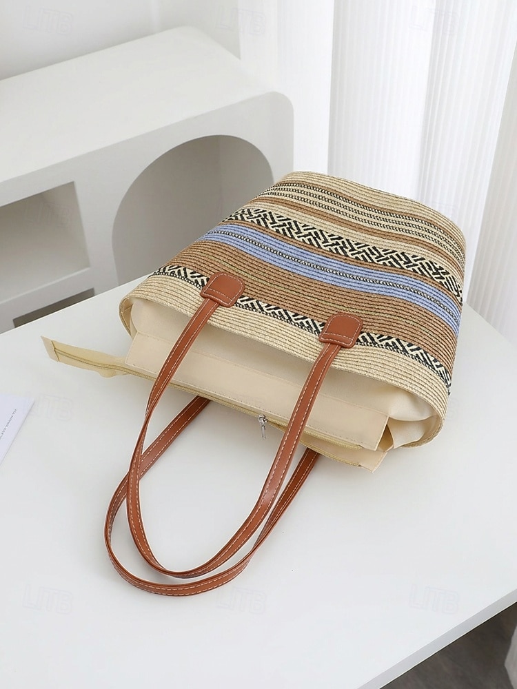 Women's Bohemian Striped Straw Tote Bag and Sun Hat Set, Boho Ethnic Woven Beach Vacation Handbag Set in Multiple Colors for Resort Travel, Casual Summer Outfits and Everyday Wear 2026 - $29.99 –P6
