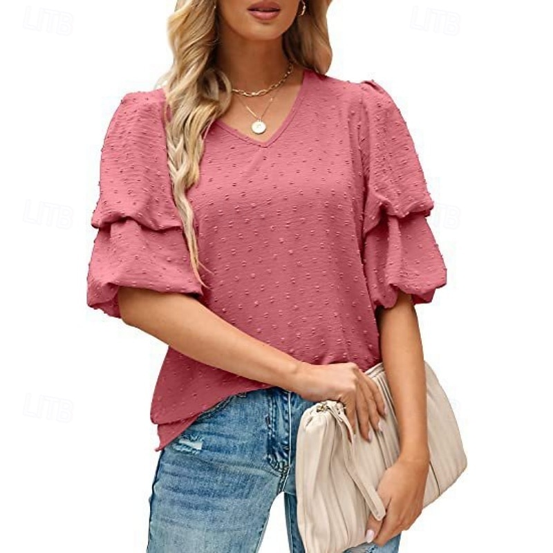 Mulheres Camisa Social Blusa Tops de chiffon Tecido à moda Básico Clássico Manga Curta Manga Princesa Decote V Tops regulares Casual Diário Feriado Azul Preto Branco Vinho Verde Escuro Verão Primavera de 2026 por $18.49 –P2