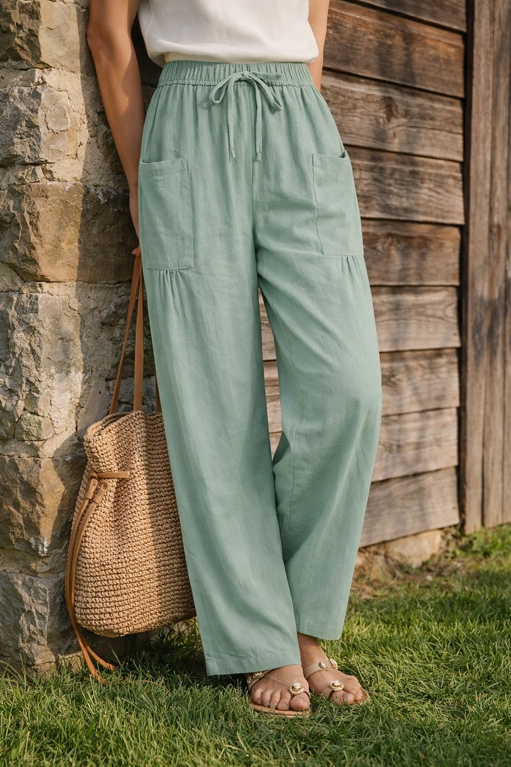 Жен. Широкие Льняные брюки Штаны Чино Отпуск Мода Классический Полная длина Нормальная Полотняное плетение Кулиска Плиссировка Карман Комфорт Легкость Дышащий Неэластичная 2026 - $19.99 –P9