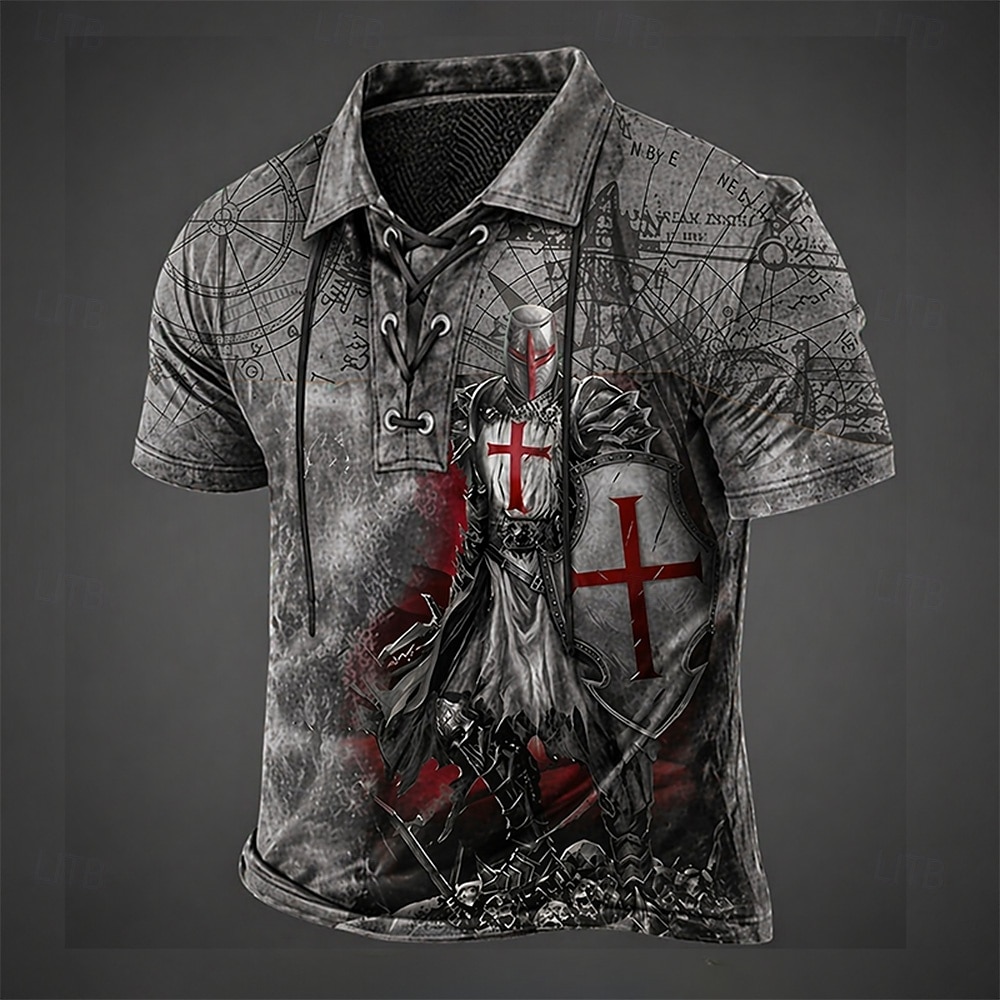 Hombre Cruz Templaria Camisetas polo Manga Corta Camisas de polo cuello con cordones Vintage Casual Ropa de calle Ropa Cotidiana Impresión 3D Malla Transpirable Primavera verano Negro Marrón Gris 2026 - $22.99 –P3