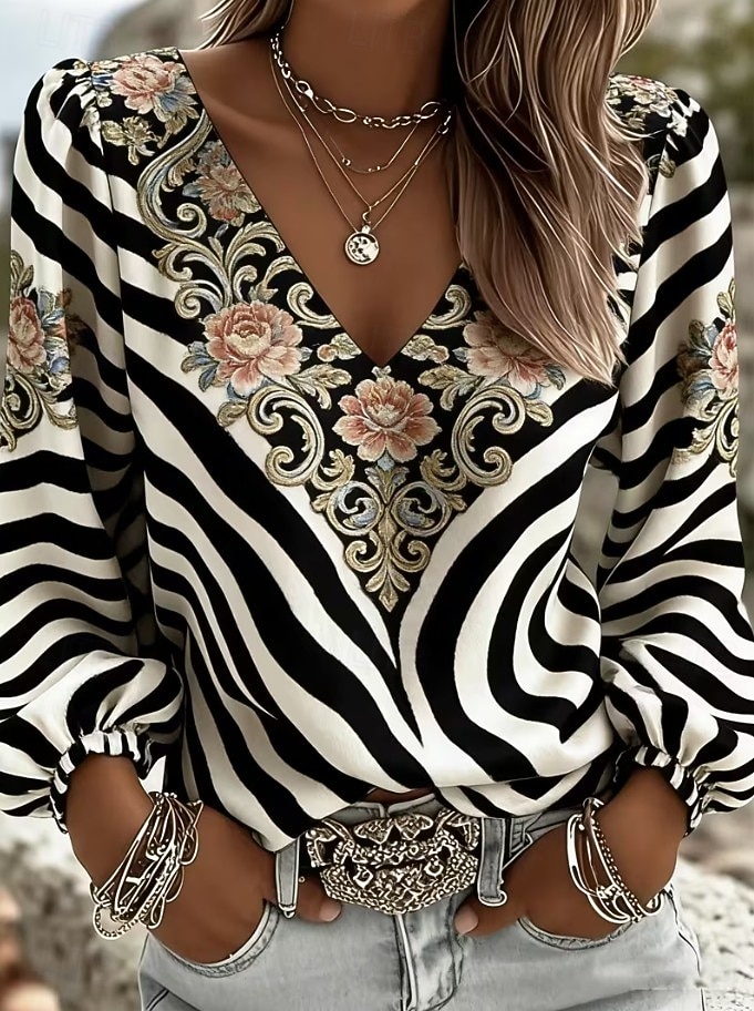 Per donna Camicia Floreale Grafico Geometrico Bohemien Vacanza Vintage Manica Lunga Scollo a V Top lunghi Casuale Quotidiano Ferie Marrone rossastro Nero Viola Beige Estate Primavera del 2026 a $29.99 –P1