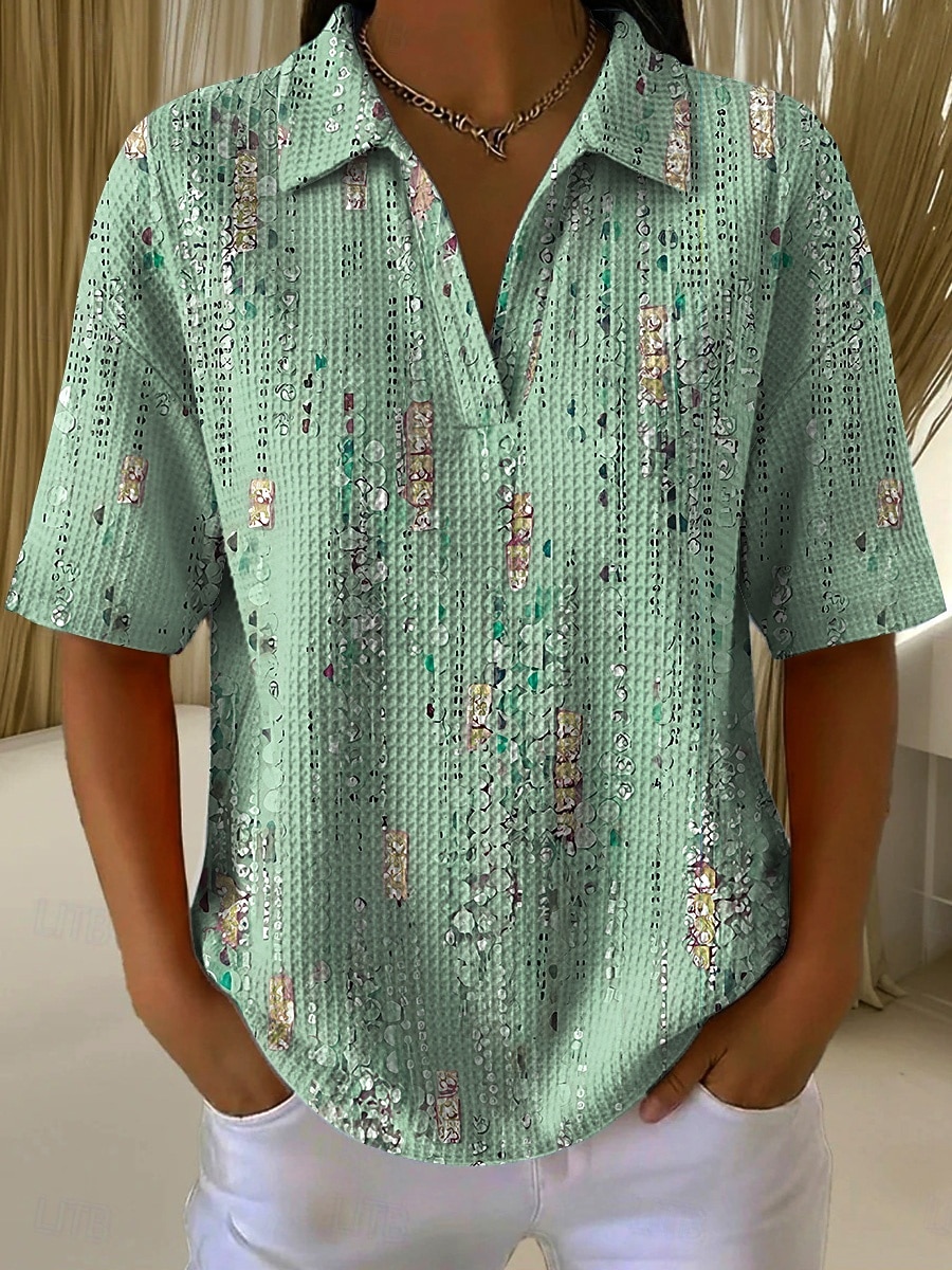 Women's Waffle Summer Tops Print Graphic Geometric Abstract Elegant Vintage Stylish Sleeveless Short Sleeve Shirt Collar Long Tops Casual Daily Blue Pink Purple Green Summer Spring 2026 - $22.99 –P3