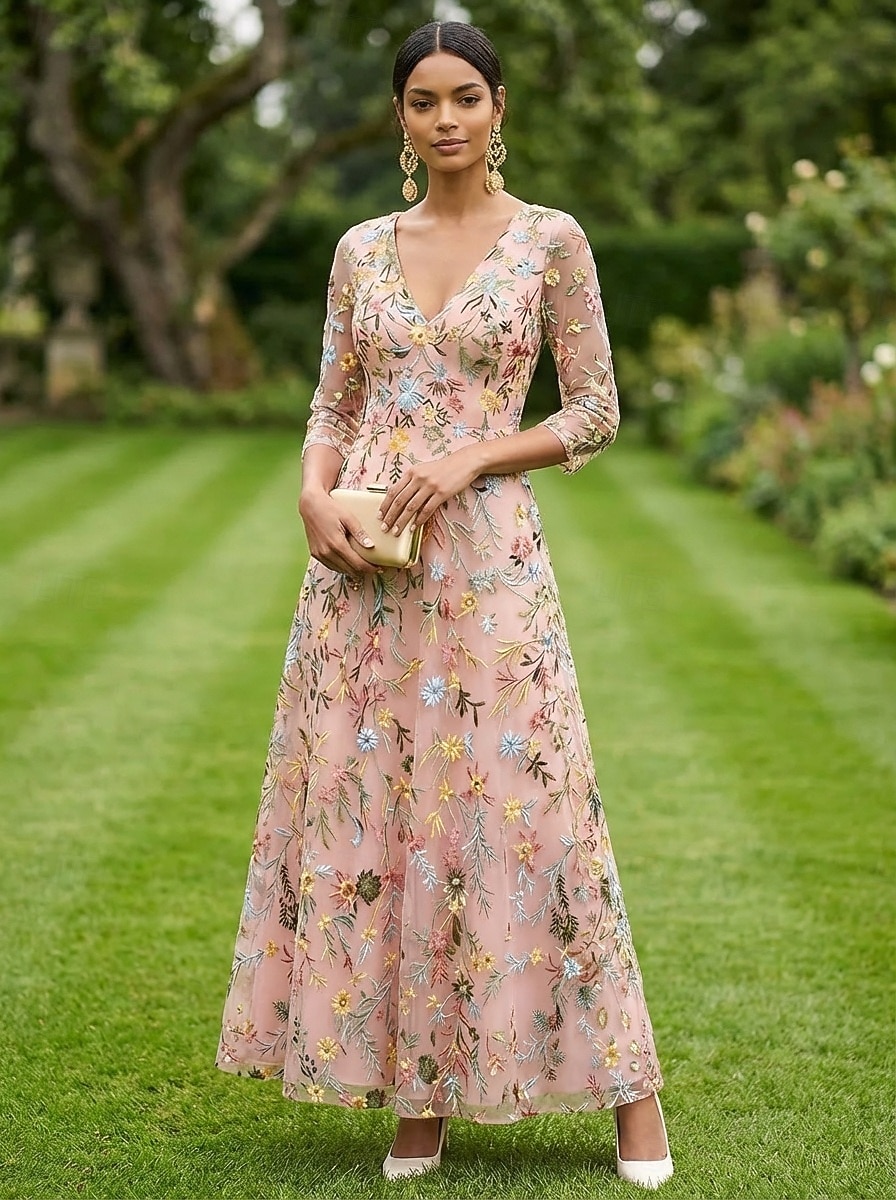 Corte A Vestidos Hasta el Tobillo Vestido de Fiesta Vestido Cóctel Vestido de Madrina Manga 3/4 Escote en Pico Elegante Vintage Lujoso Formal Invitado a la boda El derby de Kentucky Gasa Tul con 2026 - $182.99 –P2