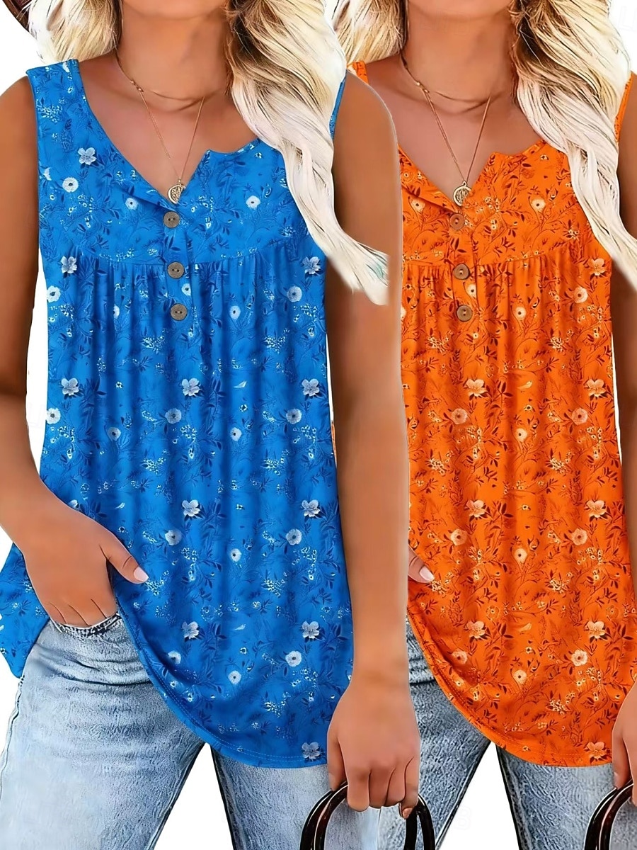 Multi Packs 2pcs Women's V Neck Sleeveless Yellow+Blue Tank Sleeveless Shirt Tee Top Floral Casual Daily Polyester Summer 2026 - $44.99 –P8